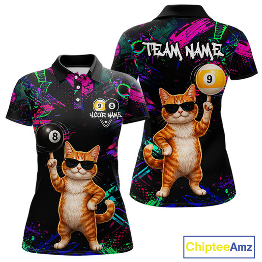 Funny Cat 8 Ball & 9 Ball Graffiti Billiard Shirts For Women Custom Pool Team Jersey Polo & 1/4 Zip TDM6559