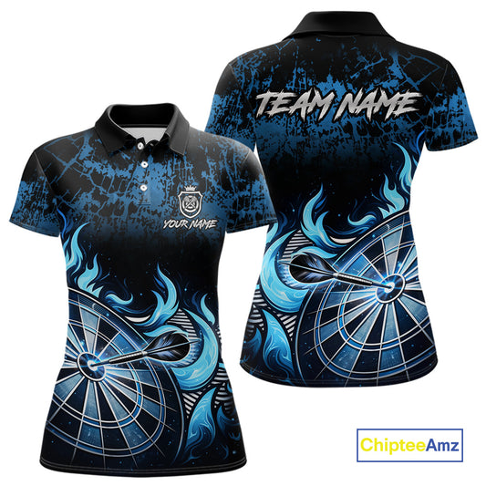 Black And Blue Dartboard Tribal Flame Darts Polo & 1/4 Zip For Women Custom Darts Team Jersey TDM6013