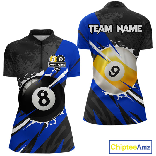Black And Blue 8 Ball & 9 Ball Billiard Shirt For Women Custom Pool Jersey, Billiard Team Shirts TDM5020