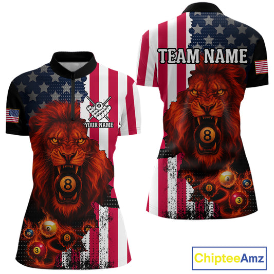 American Flag Lion 8 Ball Billiard Shirt For Women Custom Patriotic Pool Team Shirt Polo & 1/4 Zip TDM5341