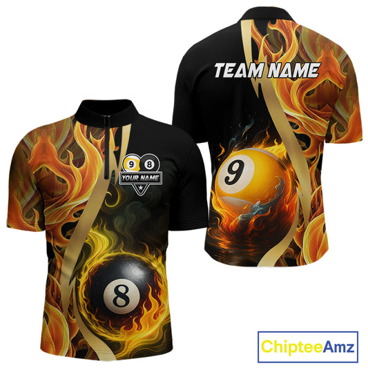 Orange 8 Ball & 9 Ball Fire Flame Billiard Shirt For Men Custom Pool Team Shirts, Billiard Jersey TDM5349