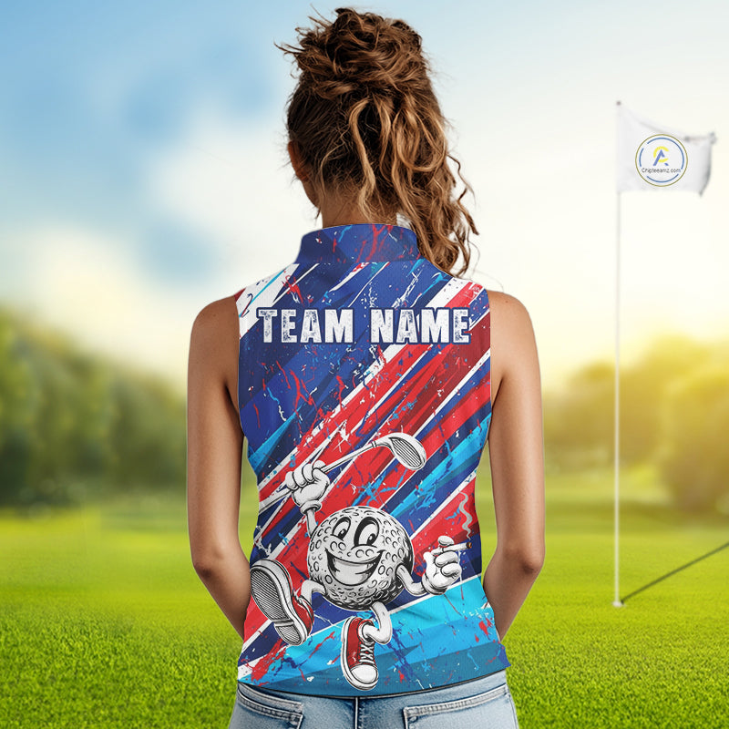 Funny Golfer Blue And Red Golf Sleeveless Polo Shirts For Womens Custom Golf Team Outfits Golf Gifts NYN3965