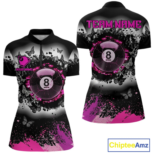 Black white pink billiard 8 ball pool shirt for women butterfly grunge billiard jersey