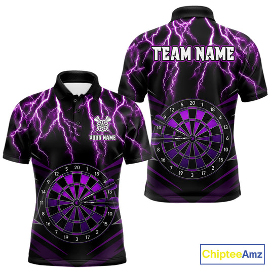 Thunder Lightning Men's Custom Darts Polo Shirt Mockup, Purple Dartboard Tournament Jersey, Personalized Dart Team Uniform, Professional Dart League Apparel