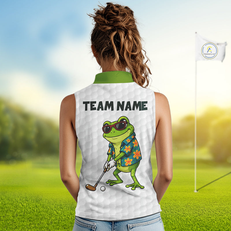 Custom Frog Golfer Golf Ball Team Attire Tropical Monstera Sleeveless Golf Polo Golf Shirts For Women NYN3992
