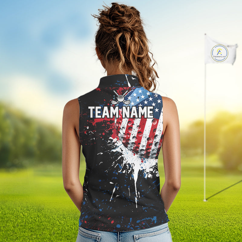 Splatter Golf Ball Personalized Womens Patriot Sleeveless Golf Polo Shirt Custom US Flag Golf Team Gifts NYN4000