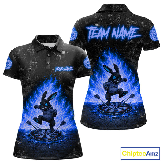 Crazy Rabbit Fire Flame Women's Darts Polo Shirt Mockup, Blue Custom Dartboard Tournament Jersey, Personalized Team Apparel
