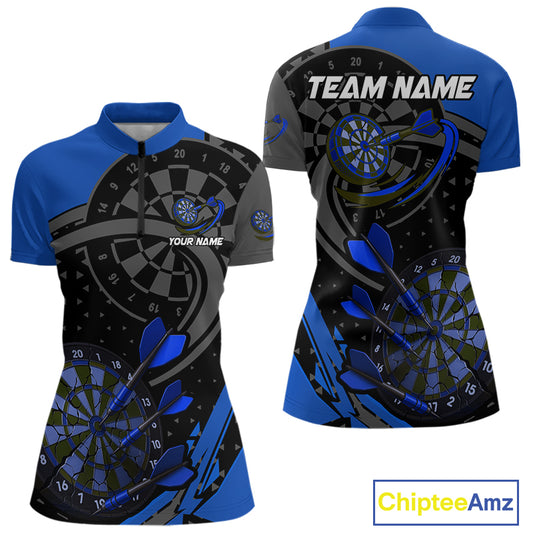 Custom Black & Blue Cracked Dartboard Women Dart Shirt Outfits Polo & 1/4-Zip Dart Jersey NYN1047