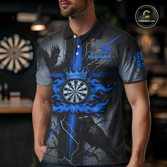 Personalized Raven Blue Flames Crown Darts Polo Shirts For Men Cross Dart Gothic Jerseys NYN2196