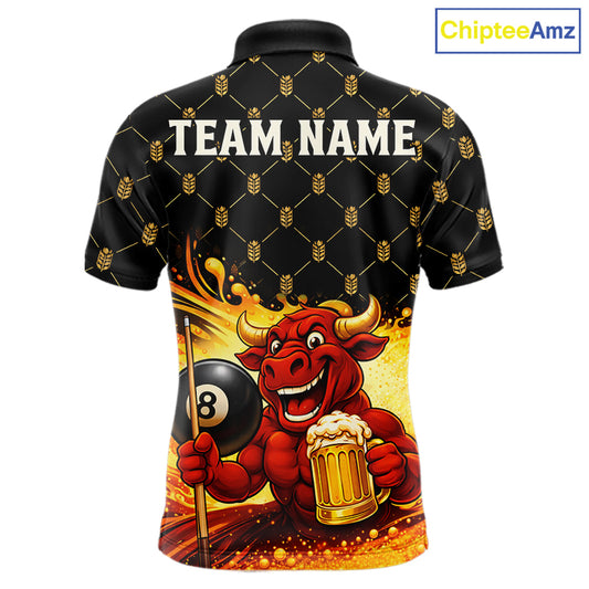 Beer & Funny Bull Play Pool 8 Ball Men Billiard Team Shirt Custom Billiard Polo & 1/4 Zip Attire NYN2475
