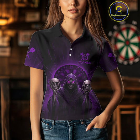 Custom Purple Grim Reaper Grey Skull Dartboard Women Darts Polo Shirt Grunge Dart Jerseys NYN1936