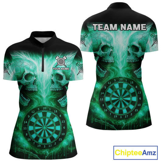 Electric Green Skulls & Dartboard Women's Darts Shirt - Custom Name For Players NYN0541