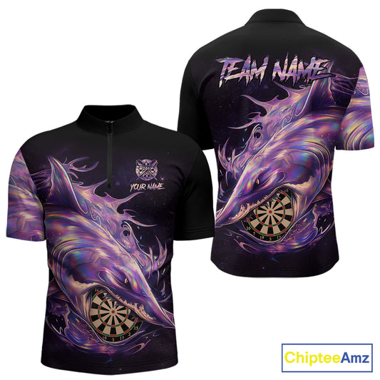Personalized Pink Holographic Shark Men Darts 1/4-Zip League Shirts Funny Grunge Dart Jerseys NYN2707