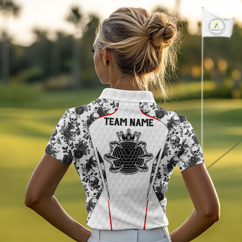 Black And White Skull Roses Golf Polo Shirts For Women Custom Golf Team Attire For Golfers NYN3256