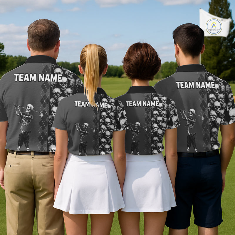 Golf team wearing Grey Skeleton Golf Polo Shirts, custom skull golf uniforms, Halloween golf tournament apparel, personalized golf club jerseys, gothic golf team clothing.