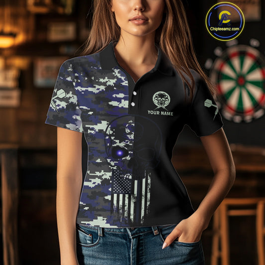 Black And Blue US Flag Digital Camo Skull Custom Men Darts Polo Shirt Dart Gifts NYN1985