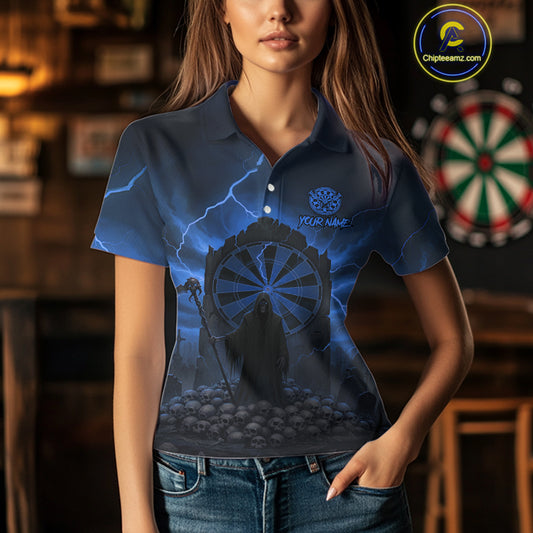 Custom Multi-Skull Lightning Blue Dartboard Dart Women Polo Jerseys Grim Reaper Dart Shirts NYN1738
