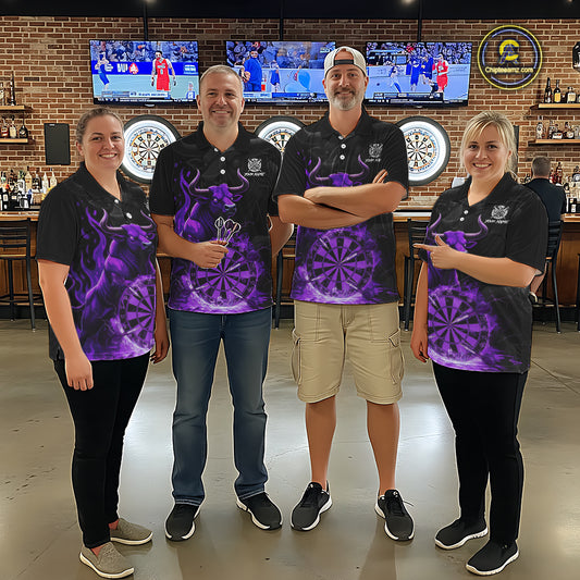 Purple Funny Bull Fire Flame Dartboard Custom Men Darts Quarter-Zip League Shirts Dart Jerseys NYN2243