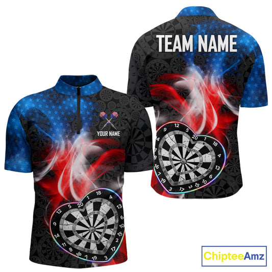 Smoke US Flag Colorful Heart Dartboard Men Darts Valentine Shirt Custom Dart 1/4-Zip Couple Gifts NYN2544