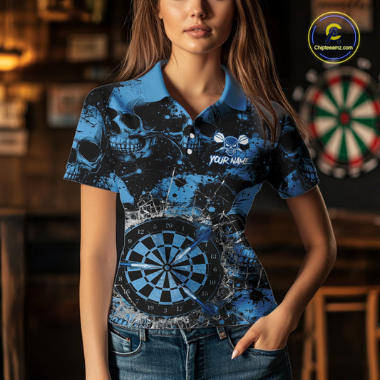 Blue Grunge Skull Cracked Glass Dartboard Custom Women Darts Polo Shirts Dart Team Jerseys NYN2258