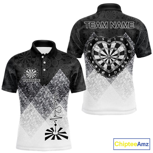 Black White Grunge Heart Dartboard Men Darts Valentine Shirt Custom Dart Polo Couple Gifts NYN2553