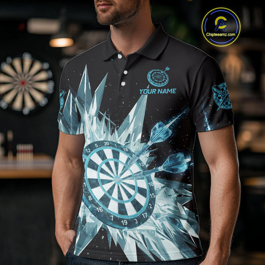 Blue Snow Ice Dartboard Men Darts Polo Shirt Custom Name & Team Xmas Dart League Shirt NYN2057