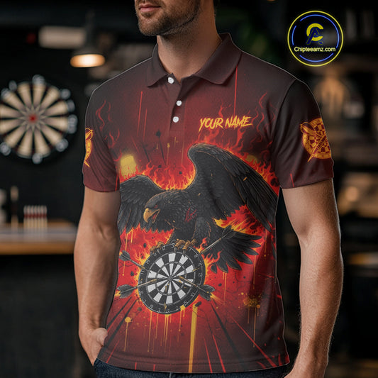 Red Flaming Eagle Dartboard Men Darts Polo Shirt Custom Name & Team Dart League Shirt NYN2060