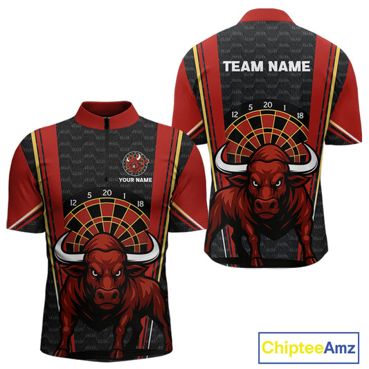 Red Powerful Bull Darts Dartboard Shirt For Men - Custom Team & Player Name NYN0359