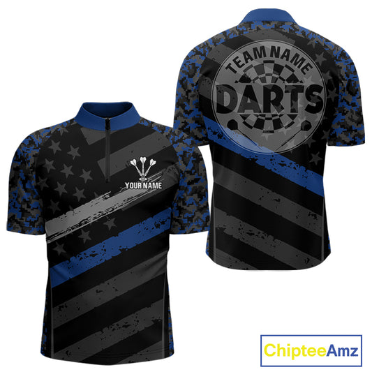 Grey Darts & Azure Camo Pattern Darts Shirt For Men - Custom Team & Player Name NYN0360