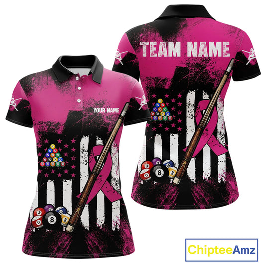 Pink Ribbon Grunge US Flag Patriotic Women Billiard Shirts Custom Breast Cancer Billiard Jerseys NYN2943