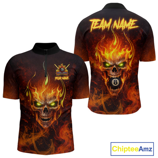 Orange Flaming Horror Skull 8 Ball Pool Men Billiard Polo & 1/4-Zip Shirt Custom Billiard Team Attire NYN2731