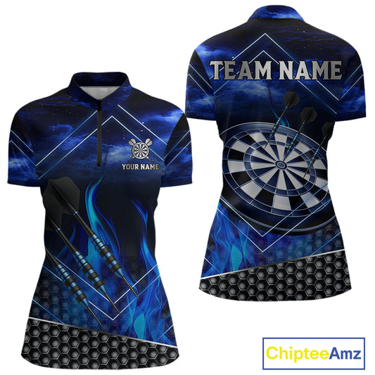 Flaming Dartboard & Dart Arrows Blue Darts Shirt For Women - Custom Name & Team Jersey NYN0668