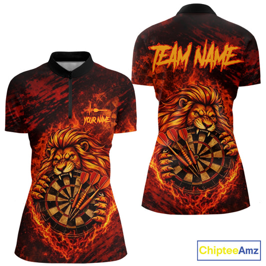 Lion Fire Flame Dartboard & Arrow Women Darts 1/4-Zip Shirt Personalized Red Grunge Darts Jerseys NYN2599