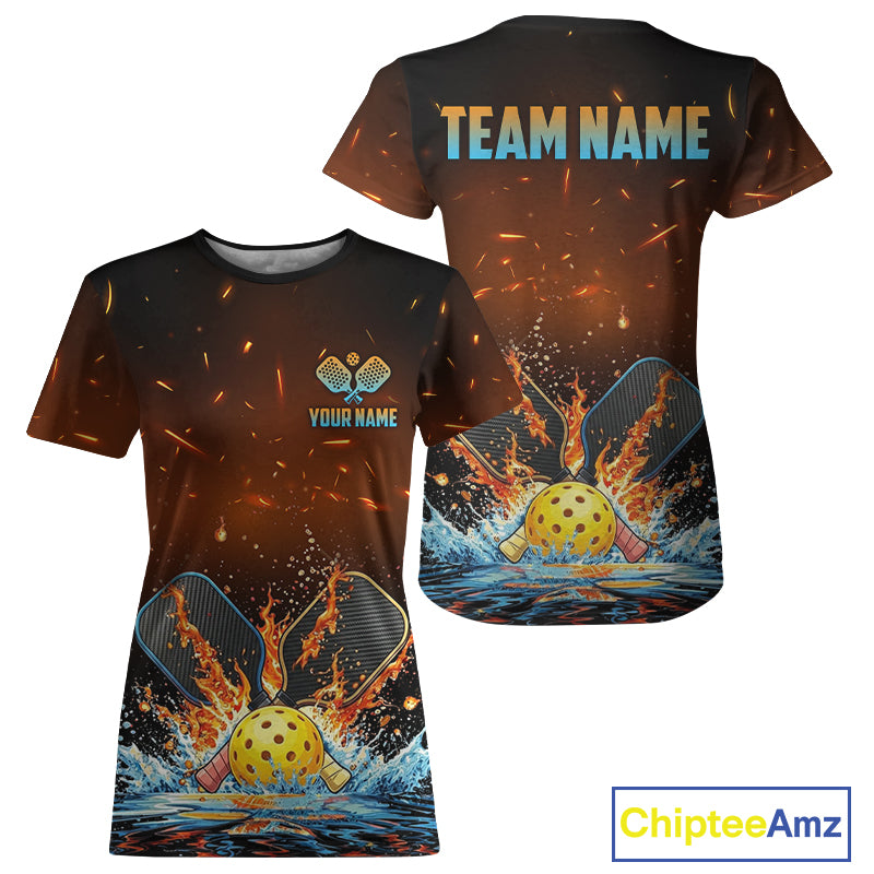 Red flaming blue water pickleball ball paddle tshirt for women personalized jersey