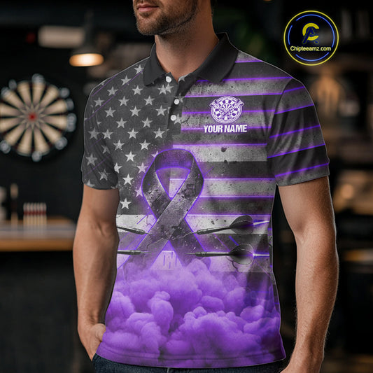 Purple Cloud Ribbon US Flag Dart Arrow Custom Breast Cancer Awareness Darts Men Polo Shirt NYN1816
