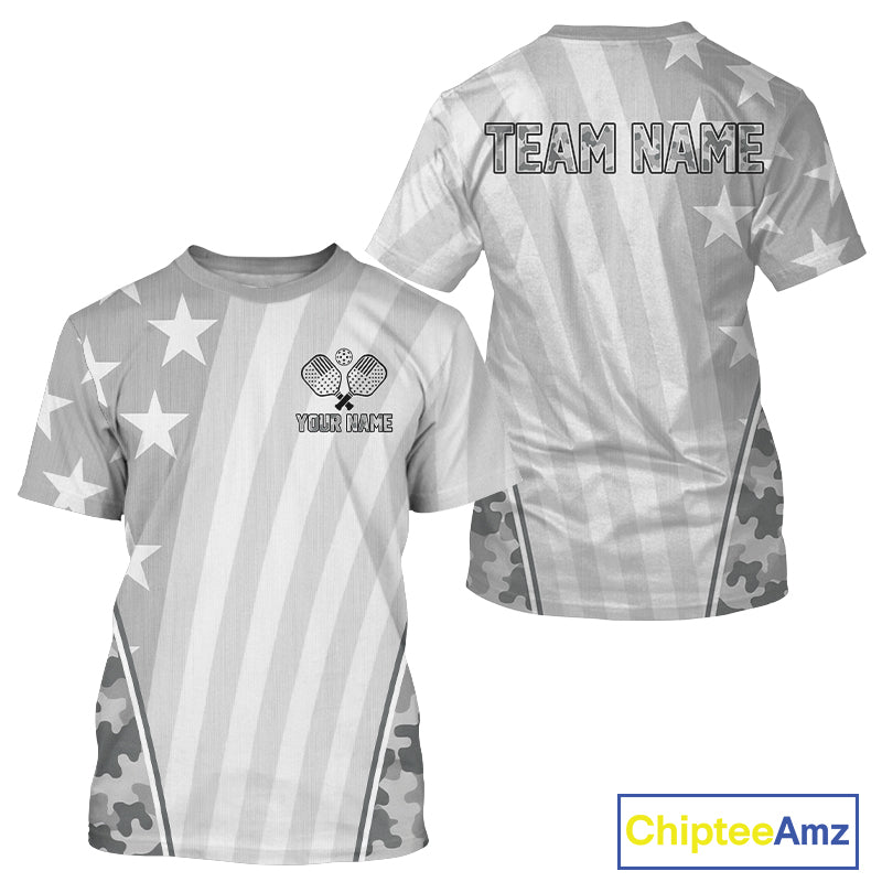 Custom Grey Camouflage Patriotic Pickleball T-Shirt For Men Outfit Pickleball Gifts NYN1294