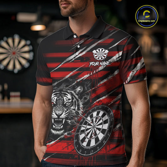 Red Grunge Grey Smoke Tiger Dartboard Custom Dart Polo Shirt Men Dart League Jerseys NYN2087
