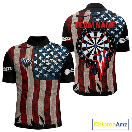 Dripping Dartboard Grunge US Flag Men's Darts Shirt - Custom Name For Dart Players NYN0420