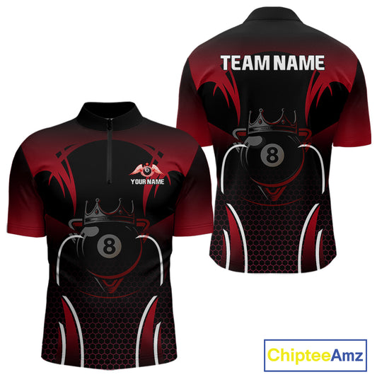 Black & Red 8 Ball Crown Men's Billiard Polo & 1/4 Zip Shirt Custom Billiard Team Jersey NYN2344