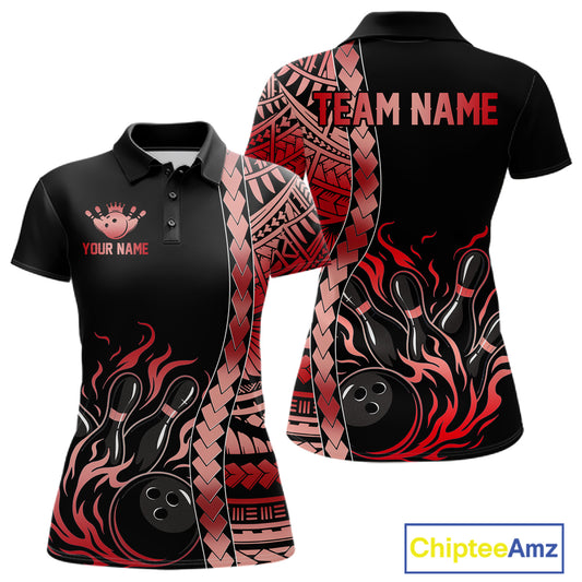 Women's black red tribal flame bowling polo, personalized bowling team shirt, custom league jersey
