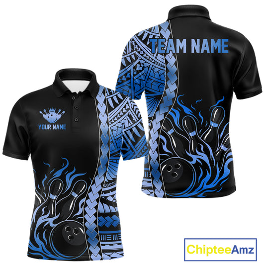 Men's black blue tribal bowling polo, custom bowling apparel, tournament jersey
