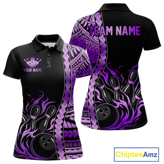Women's black purple tribal flame bowling polo, personalized bowling team apparel