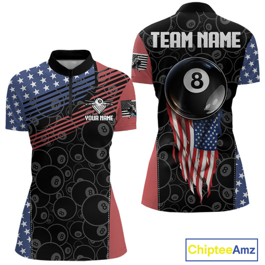 US Flag Pool 8 Ball Women's Billiard Polo & 1/4 Zip Shirt Custom Patriotic Billiard Attire NYN2362