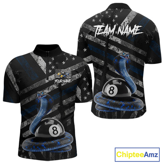 Blue Grunge Cobra 8 Ball Pool Men Billiard Polo & 1/4-Zip Shirt Custom Billiard Attire Jersey NYN2374