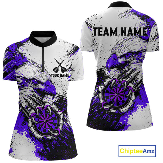 Custom Purple Grunge Eagle Scratch Dartboard Women Darts Polo & 1/4-Zip Shirts Dart Team Jerseys NYN2796