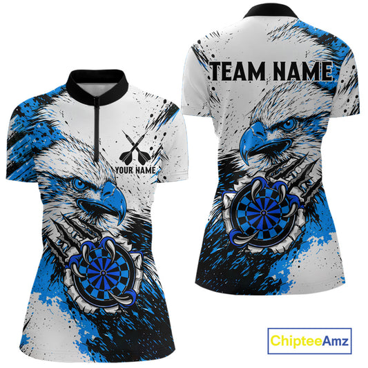 Custom Blue Grunge Eagle Scratch Dartboard Women Darts Polo & 1/4-Zip Shirts Dart Team Jerseys NYN2797