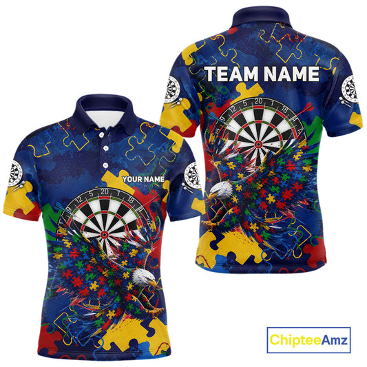 Personalized Eagle Puzzle Pieces men's darts polo with custom name, dartboard graphics, awareness tournament apparel, premium league jersey