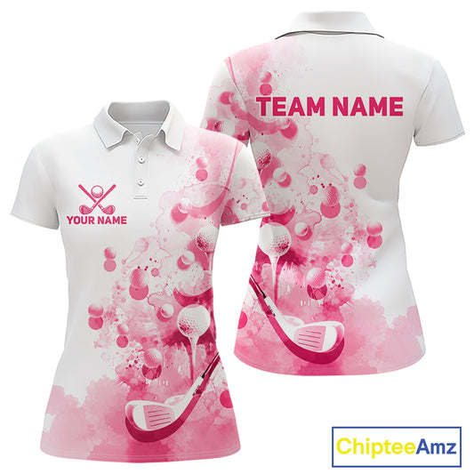 Pink Splatter Golf Ball & Clubs Team Apparel Womens Polo Shirts Custom Golf Shirt For Women NYN3996