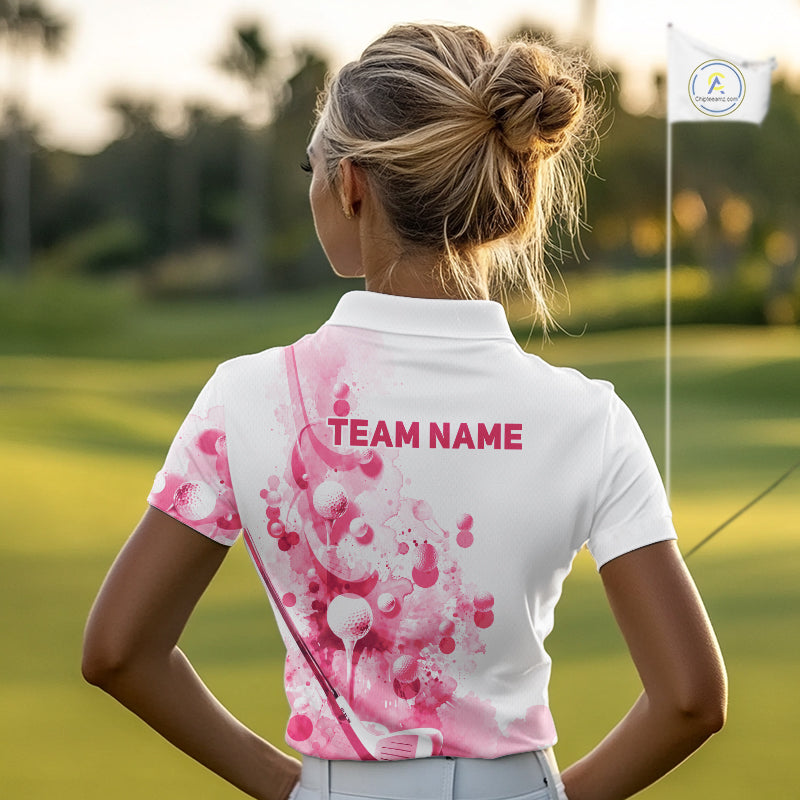 Pink Splatter Golf Ball & Clubs Team Apparel Womens Polo Shirts Custom Golf Shirt For Women NYN3996