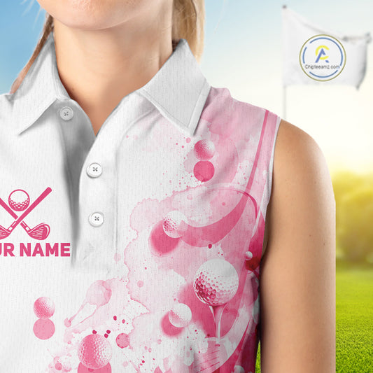 Pink Splatter Golf Ball & Clubs Team Apparel Sleeveless Polo Shirts Custom Golf Shirt For Women NYN3996